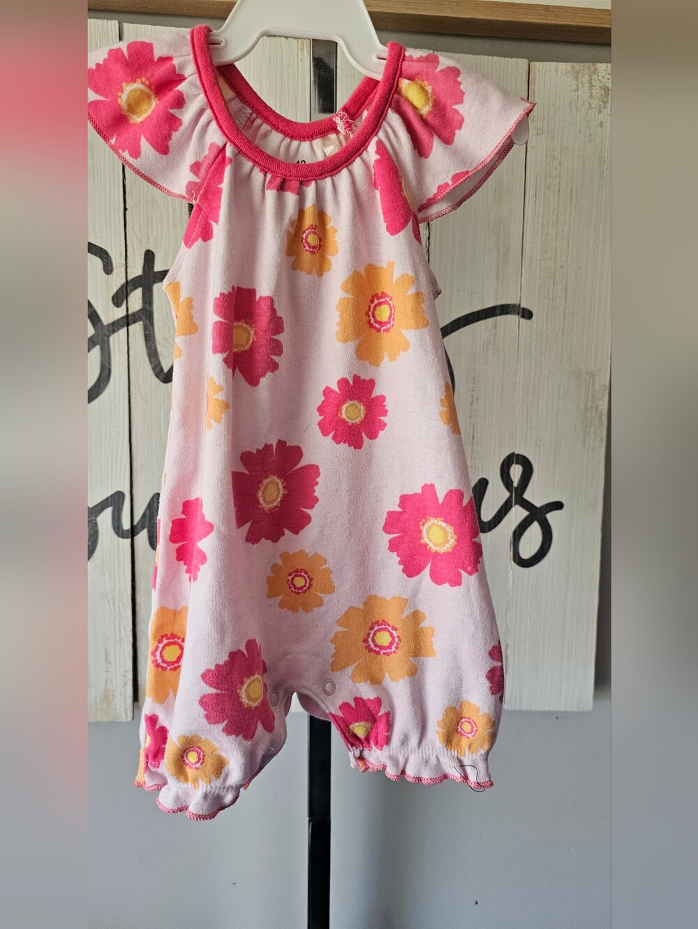 18 Month Girls Pink Floral Baby Romper with Ruffled Sleeves